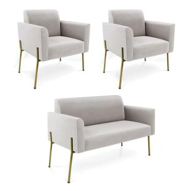 Imagem de Sofá Namoradeira E 2 Poltronas Pé De Ferro Dourado Marisa Veludo Cor Cinza