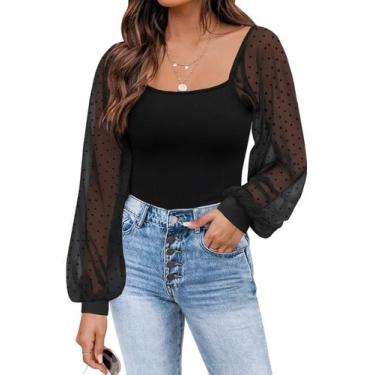 Imagem de Blusa DOROSE Mesh de manga comprida com bolinhas  preta S