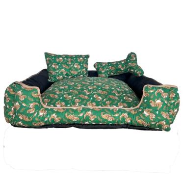 Imagem de Cama Pet Onix Quadrada, Tricoline 100% Algodão, Fundo Impermeável, com Zíper Lavável, Almofada Decorativa e Ossinho, para Cães e Gatos (Verde Dino, X-Grande)