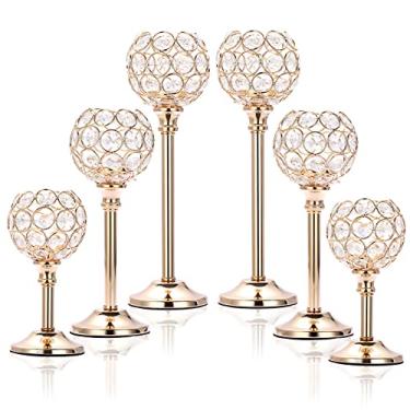 Imagem de OwnMy Conjunto de 6 castiçais Tealight - Candelabros de tigela de cristal de metal, castiçais votivos altos - Peça central de vela elegante para decoração de mesa de jantar de casamento, ouro