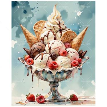 Imagem de Kit de pintura de sobremesa por números para adultos – Sundae de sorvete DIY com frutas vermelhas e waffles pintura em tela 40,6 x 50,8 cm, conjunto de tinta acrílica para iniciantes, arte para