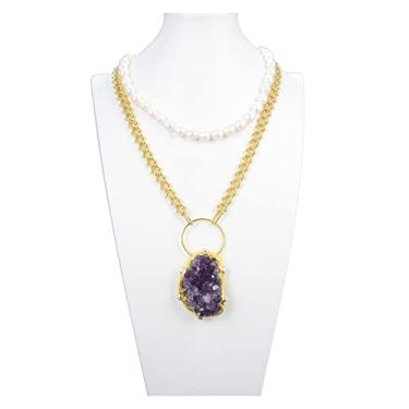 Imagem de Acessórios de moda, joias, corrente de pérolas de arroz branco de água doce, pingente de drusa de ametistas roxas, colar de 43 cm para mulheres