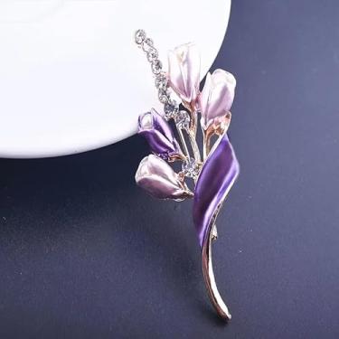 Imagem de Broche floral chique incrustado com detalhes de strass e pérola sintética, broche floral brilhante para vestidos, suéteres e ternos, perfeito para casamentos, festas e eventos formais, roxo