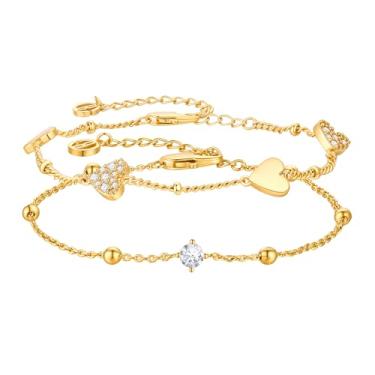 Imagem de Cicy Bell Pulseiras femininas em forma de coração em camadas com cabo de zircônia cúbica de latão com miçangas, corrente de mão, joias modernas, presentes, 6.7 inches, Latão, zircônia cúbica, Zircônia