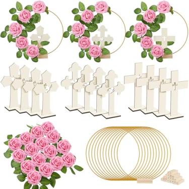 Imagem de Wesiti 48 peças de mesa de centro de batismo, decoração de mesa de primeira comunhão, 12 cruz de madeira, 12 argolas florais com suporte, 24 rosas de espuma com haste para batismo, chá de bebê