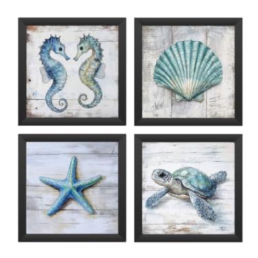 Imagem de Kit 4 quadros 18x18 cm mar praia banheiro, lavabo, tartaruga, moldura e vidro(Preto)