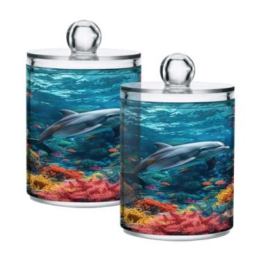 Imagem de ATTX Dispensador colorido de recifes de corais Qtip para bola de algodão, cotonete, frasco de boticário de plástico transparente, pote de armazenamento de cozinha para decoração de casa, pacote com 2