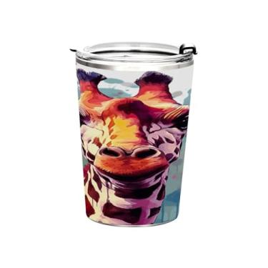 Imagem de Blueangle Copo de 340 g com tampa e canudo, copo de café com água isolada a vácuo de aço inoxidável, caneca de viagem com pintura de girafa, copo térmico para bebidas quentes e frias (462)