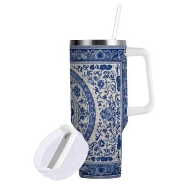 Imagem de ATTX Copo de porcelana azul e branco de 850 g com alça - Caneca de viagem de aço inoxidável isolada a vácuo, xícara de café à prova de vazamento com canudo #807