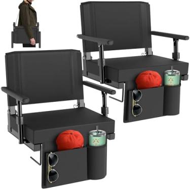 Imagem de HOPERAN Assentos de estádio com suporte para as costas - cadeiras de arquibancada com encosto e almofada com apoio de braço, assentos de arquibancada acolchoados grossos incluem alça de ombro, cadeira