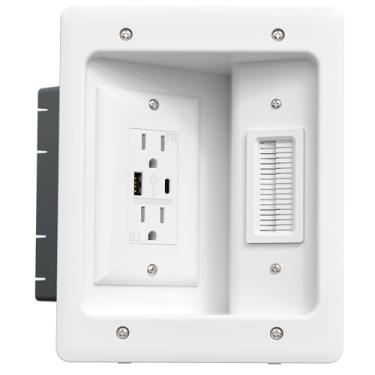 Imagem de Escondedor de cabo de TV e kit de gerenciamento de cabos na parede, ocultador de cabo de saída dupla com porta de alimentação tipoC/USB (sem fio), modelo de corte, perfeito para TVs montadas na parede