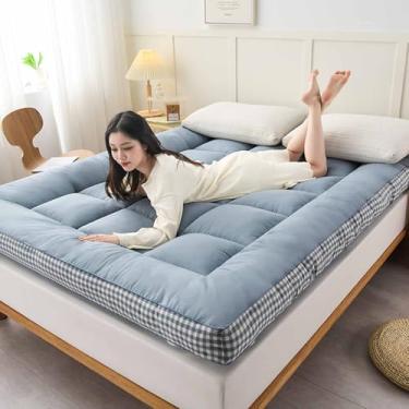 Imagem de Yadlan Colchão de chão estilo japonês futon, colchão portátil dobrável, colchão de acampamento adulto, sofá de acampamento, colchão de quarto de hóspedes, tapete de dormir tatame azul 100 x 200 cm