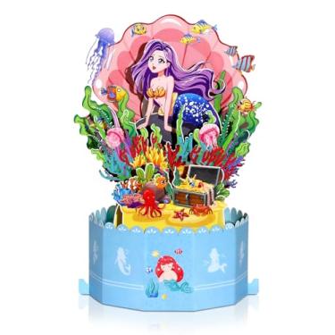 Imagem de Coralogo Cartão de aniversário de sereia pop up para menina - Cartão de aniversário oceano com estrutura hexagonal 3D com envelope para dia dos namorados todas as ocasiões, caixa pop-up decoração