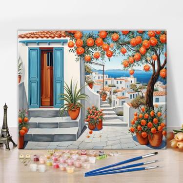 Imagem de TUMOVO Pintura de paisagem por números, jardim de desenho animado com laranjeira e flores pintura por número com pincéis e pigmento, pintura a óleo em tela de artesanato faça você mesmo, 40 x 50 cm