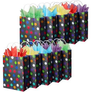 Imagem de BLEWINDZ 32 sacos de presente pequenos com lenços de papel - Bolinhas pretas de presente de festa com alças, saco de presente colorido de arco-íris para lembrancinhas de festa, aniversário de crianças