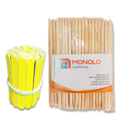 Imagem de Kit 100 Lixas Unha Mini + 100 Palitos Manicure Pedicure Podóloga Descartável Profissional Salão Brinde Marca MONOLO MULTISHOP (Canário)
