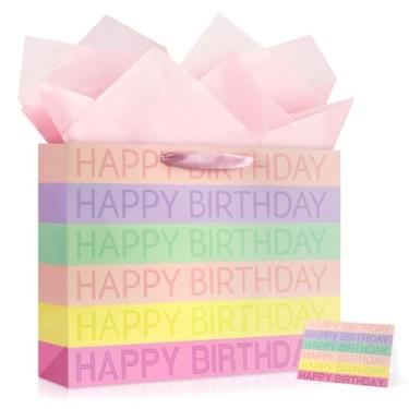 Imagem de YoungTree Saco grande de presente de feliz aniversário com papéis de seda e cartão comemorativo, sacos de presente de papel portátil com alças, sacos de presente para mulheres e meninas, suprimentos