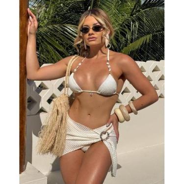 Imagem de Biquíni Rosa Texturizado com Búzios e Saída Pareô Trikini - NoBrand, B