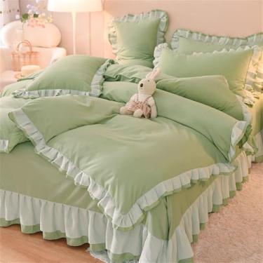Imagem de XLCZMYL Conjunto de cama de renda princesa rosa com babados luxuoso, lençol de cama e fronhas, roupa de cama macia para decoração de casa, verde, solteiro 150 x 200 4 peças