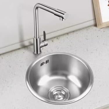 Imagem de PVXMQFFA Pia pequena redonda prata barra de aço inoxidável redonda pequena pia tanque único bancada cozinha bancada nano pia pia única (tamanho: 35,3 * 35,3 * 15 cm)