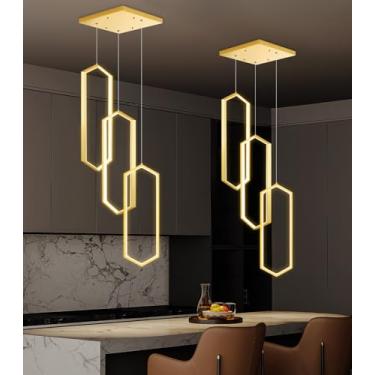 Imagem de Lustre moderno de 3 anéis com LED, dimerizável, luminária pendente ajustável para sala de jantar, hall de entrada, sala de estar e escadas, cor dourada.