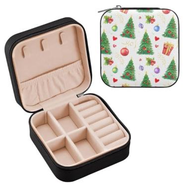 Imagem de Wassud Estojo de joias de viagem de arte de Natal para mulheres, meninas, senhoras, noiva, mini organizador de joias de couro PU, caixa quadrada de armazenamento de joias para brincos, anéis, colar