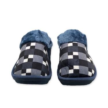 Imagem de Pantufa Masculina Xadrez Azul, Poliéster, Antiderrapante, Tamanho 40/41, 26cm x 10.3cm