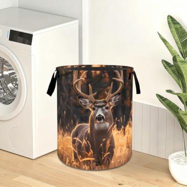 Imagem de MIEPOS Cesta de roupa suja de outono para cervos, cesto de roupas sujas rústicas, presentes de armazenamento de vida selvagem e floresta, cestas de tecido Oxford impermeáveis para banheiro, quarto