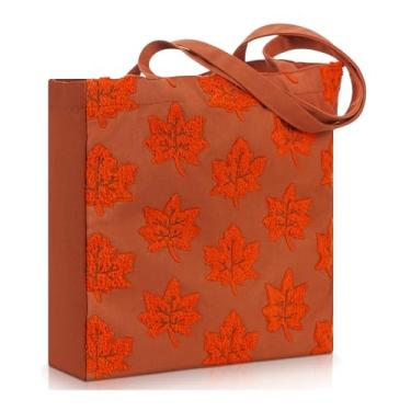 Imagem de Abbylike Bolsa de ombro de lona de folha de bordo de Ação de Graças com fivela magnética e zíper bolso interno laranja queimado bonito estético outono presente para mulheres