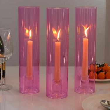 Imagem de Vixdonos Conjunto de 3 castiçais modernos de vidro Hurricane, suporte de vela longo afunilado com cilindro de 30 cm de altura, capa à prova de vento para mesa de festa de casamento ao ar livre