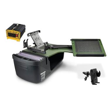 Imagem de AutoExec Reach Desk Banco traseiro lado esquerdo para sua estação de trabalho de veículo e escritório móvel, verde exército, com inversor de potência de 400 watts, suporte de impressora, suporte para
