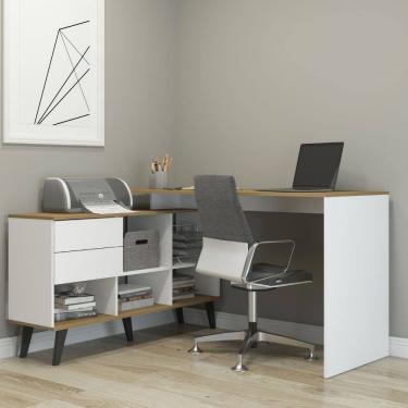 Imagem de Escrivaninha com Estante Nicho 137x128 Cm 2 Gavetas Pés Retrô MDP Branco Carvalho 0747 MENU