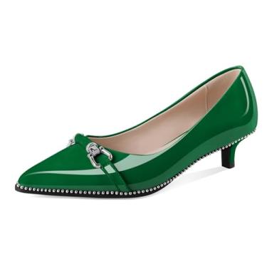 Imagem de Younton Sapatos femininos de salto baixo salto gatinho feminino com contas bomba fechada bico fino fivela laço sapatos sem cadarço, escritório, casamento, trabalho, noite, salto de 3,8 cm, Verde
