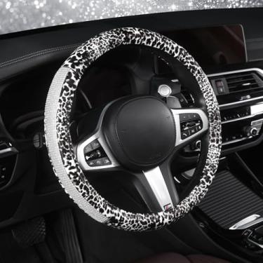 Imagem de AUTOYOUTH Capa de volante com estampa de leopardo - estampa de guepardo com strass de cristal brilhante em couro PVC antiderrapante design respirável para mulheres/meninas, ajuste universal de 37 a 38