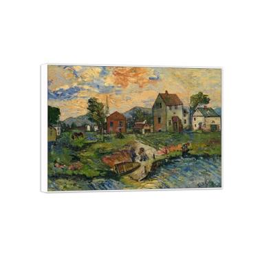 Imagem de BMZFYBS David Burliuk Famosas impressões em tela de arte de parede prontas para pendurar. Vista da cidade. Pintura com moldura branca para decoração de sala de estar 70 x 100 cm 27 x 39 pol