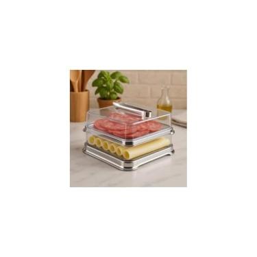 Imagem de Porta Frios Duplo em Aço Inox com Tampa Acrílica, 32x19cm, Organizador de Alimentos