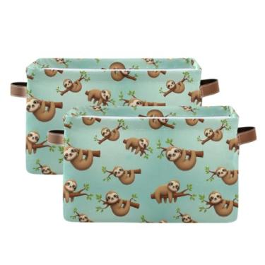 Imagem de Cesta de armazenamento de 36 cm com alças – Cestas de armazenamento decorativas de tecido retangular para escritório em casa, quarto, desenho animado, preguiça, azul-petróleo, pacote com 2