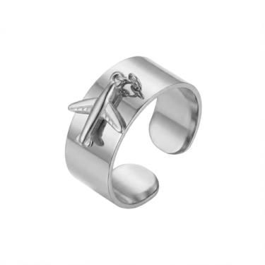 Imagem de Anel grosso com pingente de avião de aço inoxidável para mulheres e homens, expansível, ajustável, aberto, noivado, compromisso, anéis, ajuste confortável, fofo, viagem, lembrança, joia para piloto de