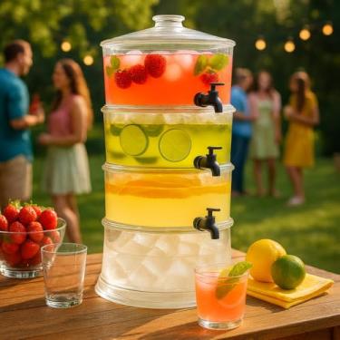 Imagem de SUQUEIRA TRIPLA DISPENSER 3 EM 1 GRANDE 10,5 LITROS ACRILICA MULTIUSO EMPILHAVEL INDEPENDENTE KIT REFRESQUEIRA SUCO AGUA HOTEL