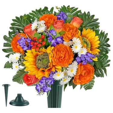 Imagem de Naramiji Flor de cemitério de seda para lápide, girassol artificial rosa lavanda margarida ranúnculo