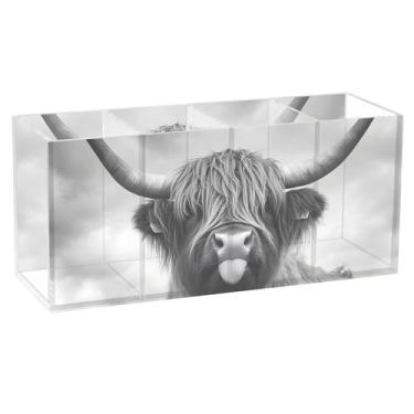 Imagem de TSENQUE Porta-lápis personalizado de acrílico monocromático de vaca Mystic Highland para canetinha de mesa, suporte de copo de papelaria, organizador de decoração de mesa de escritório