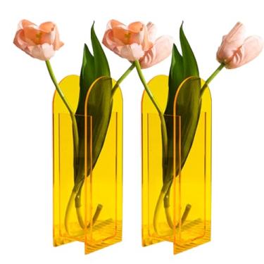 Imagem de Vaso de acrílico de cristal, 2 peças, vaso de flores com design moderno, vaso de acrílico para centro de mesa de casamento, elegante vaso floral para mesa de sala de estar, escritório (amarelo)