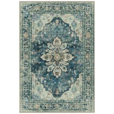 Imagem de RELEANY Tapetes de área 9,5 x 2,5 m, lavável, antiderrapante, estampa floral, vintage, medalhão para sala de estar, quarto, sala de jantar, azul escuro vintage