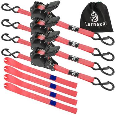 Imagem de Pacote com 4 correias de catraca retráteis - força de ruptura de 0,7 kg 2,5 cm x 3,5 m, alças de amarração de catraca retráteis resistentes com ganchos em S conjunto para caminhão, van de carga