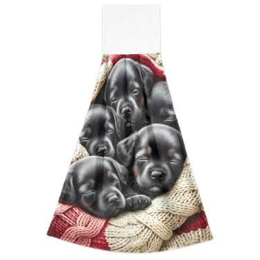 Imagem de Cute Black Puppies Toalhas de mão vívidas de cachorro com laço para pendurar no forno conjunto de 2 toalhas de cozinha fofas ultra absorventes decorativas, 46 x 35 cm