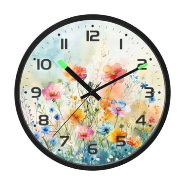 Imagem de SEHANY Herb Wildflower Relógio de parede silencioso sem tique-taque relógio redondo operado por bateria 30 cm controle de som luz noturna relógios de parede para sala de estar, cozinha, quarto