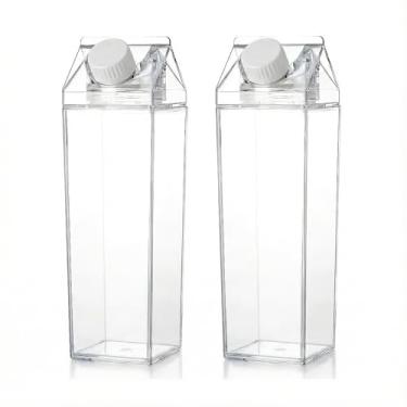 Imagem de Kit 2 Garrafas de Água Acrílico 1L Design Caixa de Leite - Garrafa de Suco Transparente com Adesivos
