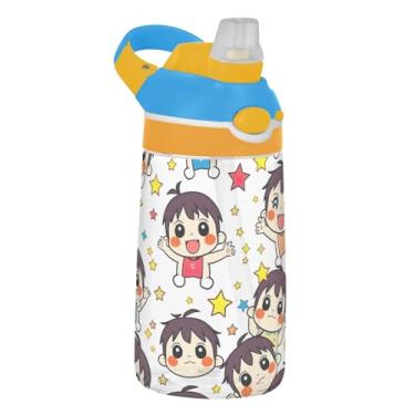 Imagem de Cute Cartoon Characters Starts Garrafa de água esportiva infantil para escola, 473 ml, 473 ml, garrafa de água Tritan com canudo, copo infantil à prova de vazamento, reutilizável, alça de transporte