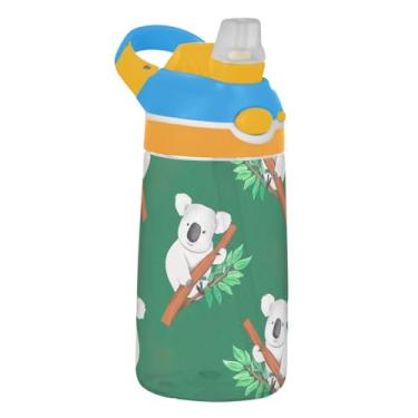 Imagem de Garrafa de água infantil verde Koala Leaves para escola, 473 ml, 473 ml, garrafa de água esportiva Tritan com canudo, copos de viagem infantis à prova de vazamento, reutilizáveis, alça de transporte