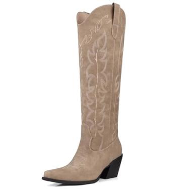 Imagem de DANAZANA Botas femininas de cano alto até o joelho, panturrilha larga, strass, botas caubói, bico fino, salto grosso, bordado brilhante, bota com meio zíper lateral, bota country brilhante, tamanho 6